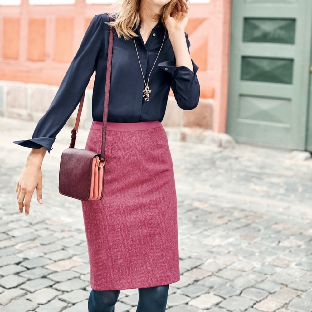 Boden:  Wool Tweed Pink Gray Herringbone Pencil Skirt